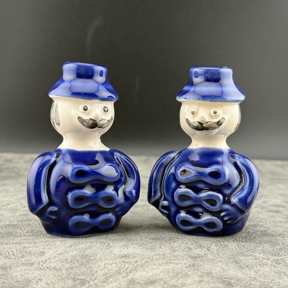 Set of Two (2) Miniature Blue Mustache Man Porcelain Candle Holder Bud Vase 3" H